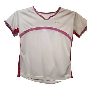 Nike Dri Fit women's running Shirt White With Pink Accents, Gold Swoosh Size Med